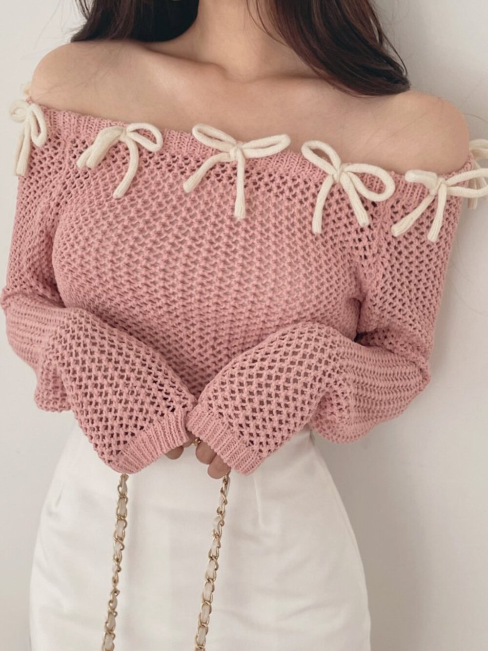 Pink Casual Women's Bow Contrast Color Fitted Cold Shoulder Long Sleeve Pullover - Picture 6 of 8